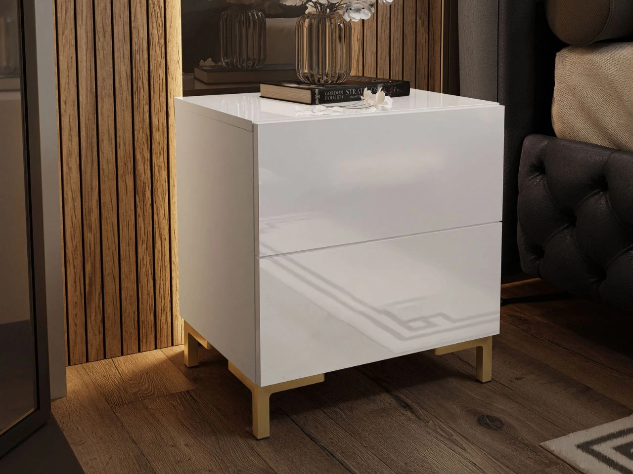 Stolik nocny z dwoma szufladami na złotych nogach Nuveo Lux Biały Połysk
