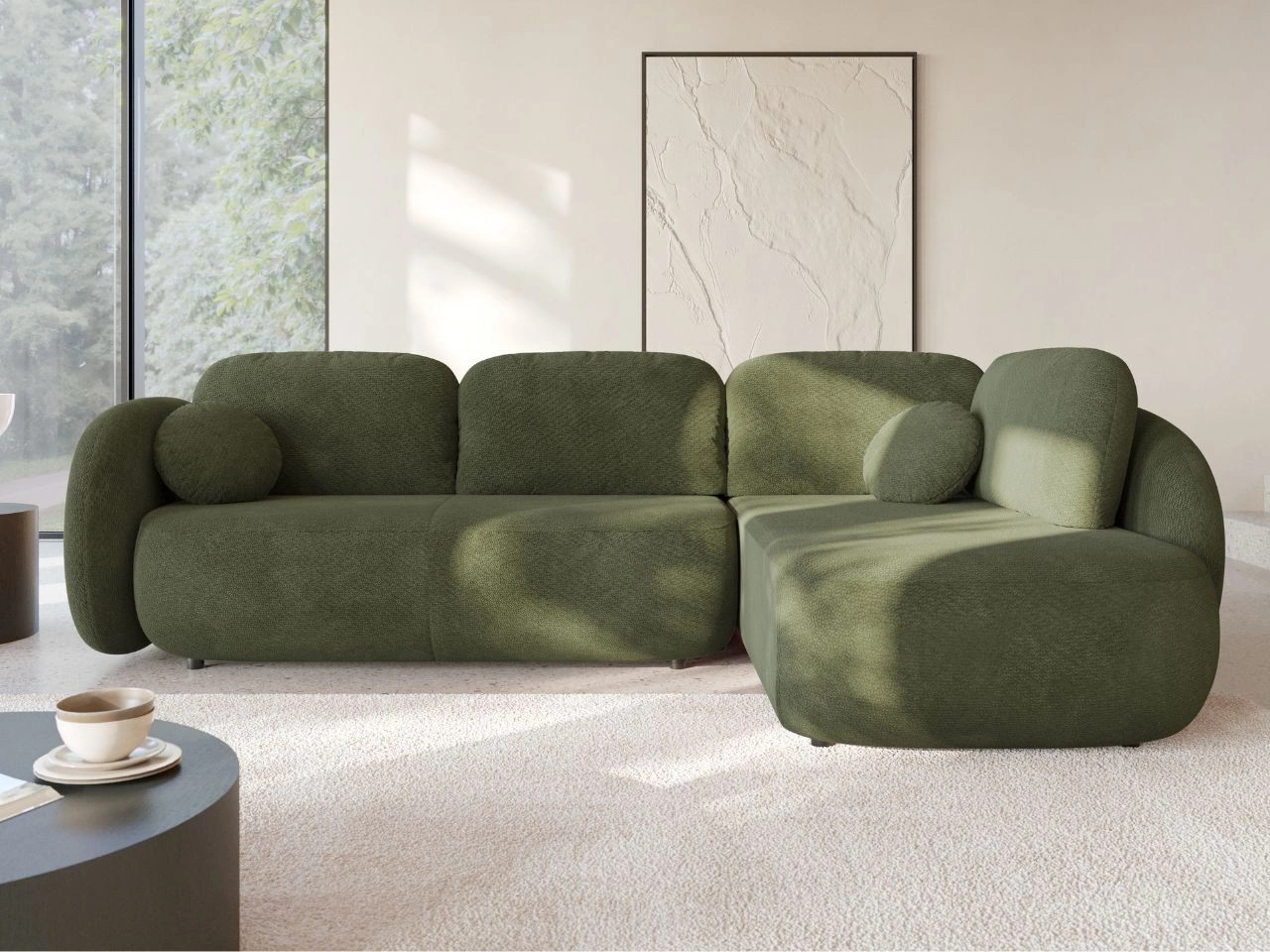 Narożnik z funkcją spania i pojemnikiem Prawy Carino Zielony