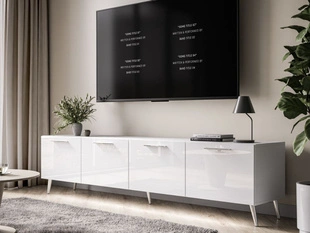 Szafka RTV pod telewizor z drzwiczkami i oświetleniem LED na srebrnych nóżkach 200 cm Noaé Biały Połysk