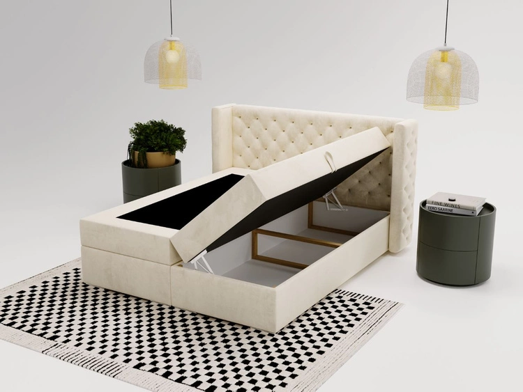 Łóżko kontynentalne z pojemnikiem na pościel 140x200 cm Lion Kremowe