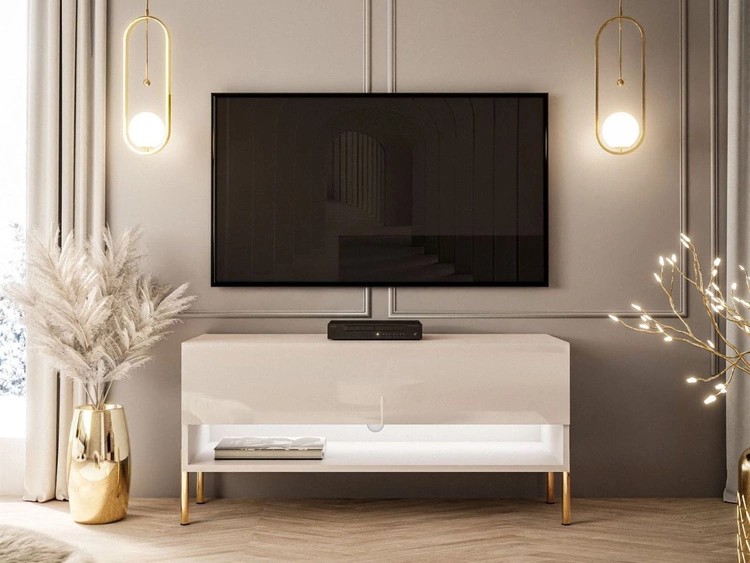 Szafka RTV 90 cm z oświetleniem LED i złotymi metalowymi nóżkami Aurelie Kaszmir połysk