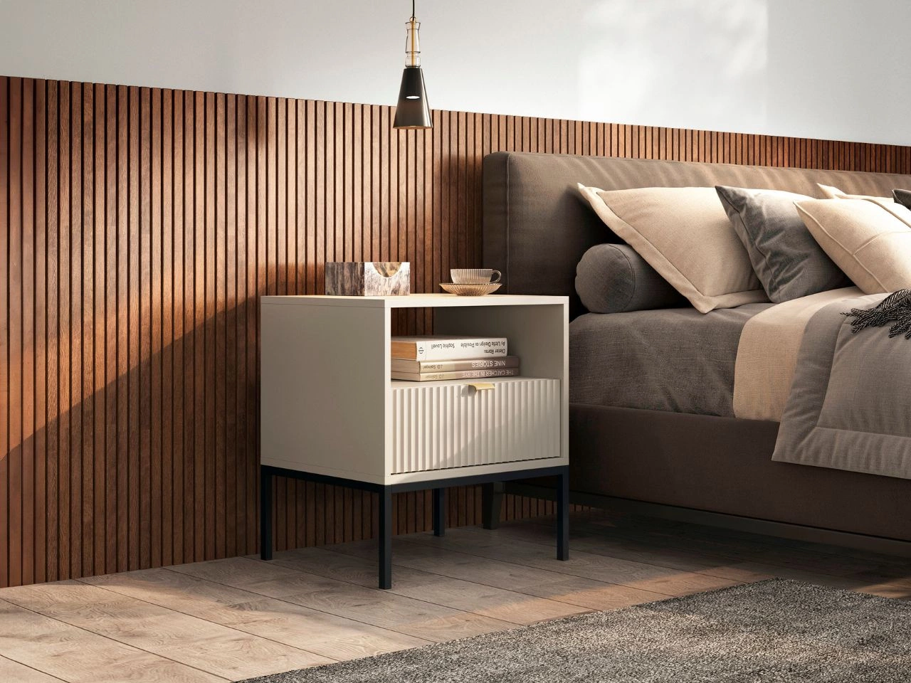 Stolik nocny z szufladą Amber Kaszmir na czarnych nogach