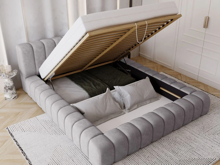 Łóżko tapicerowane z pojemnikiem na pościel i stelażem 180x200 Italia Szare