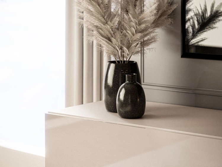 Szafka RTV do salonu 180 cm z czarnymi metalowymi nóżkami i oświetleniem LED Aurelie Kaszmir połysk