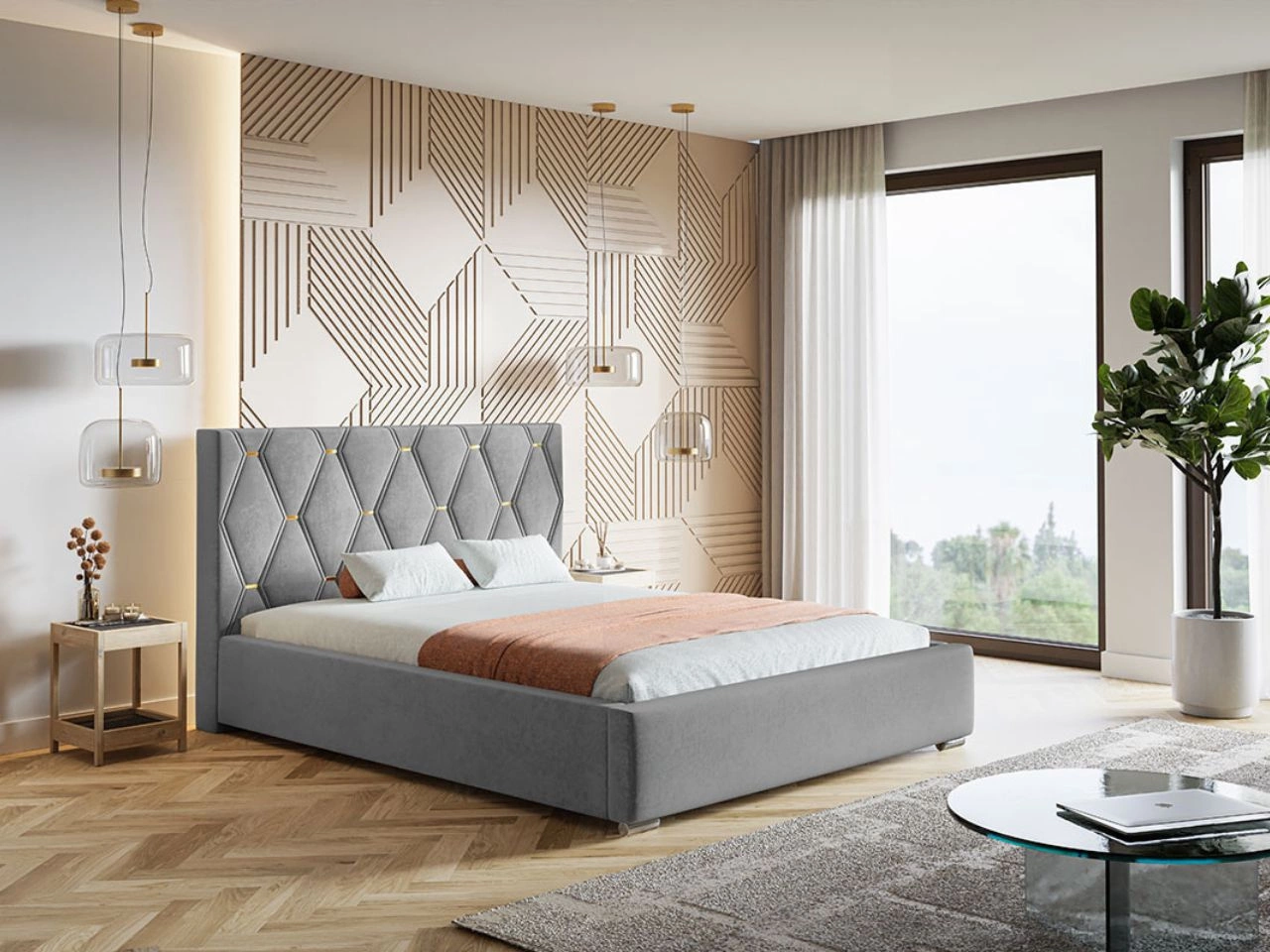 Łóżko tapicerowane z pojemnikiem i stelażem 180x200 Tasso Szare