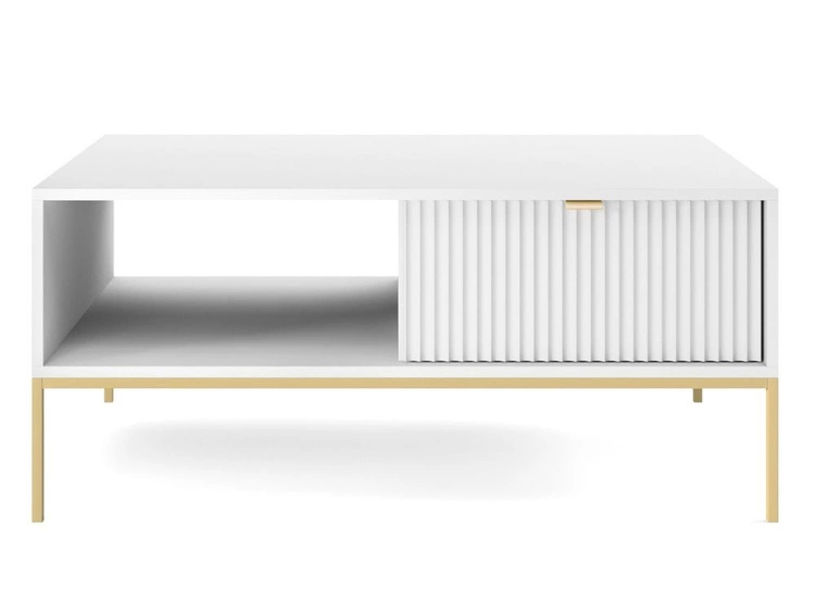 Stolik kawowy z szufladą Amber biały na złotych nogach