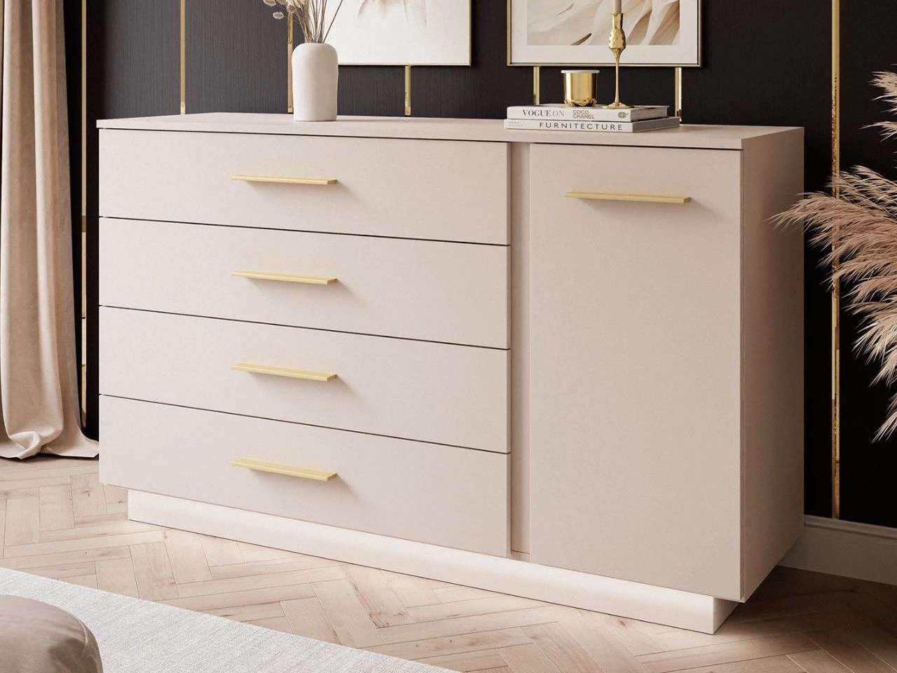 Komoda z drzwiami, szufladami i oświetleniem LED Nuveo Kaszmirowa