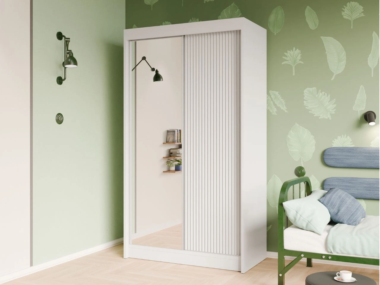 Szafa przesuwna z ryflowanym frontem i lustrem 120 cm Fano Biała