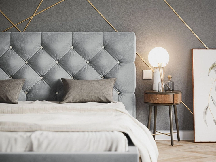 Łóżko tapicerowane z pojemnikiem i stelażem 140x200 Selva Jasny szary