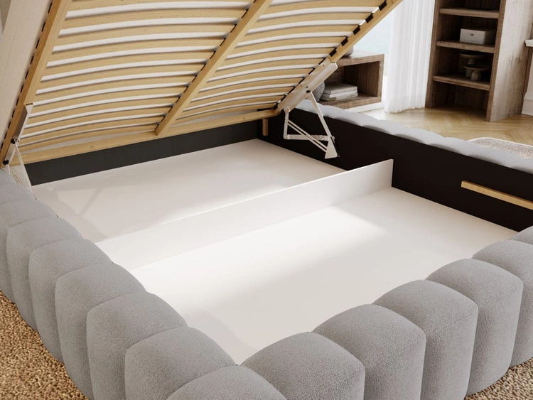 Łóżko tapicerowane z pojemnikiem i stelażem 140x200 cm Rotto Jasnoszare