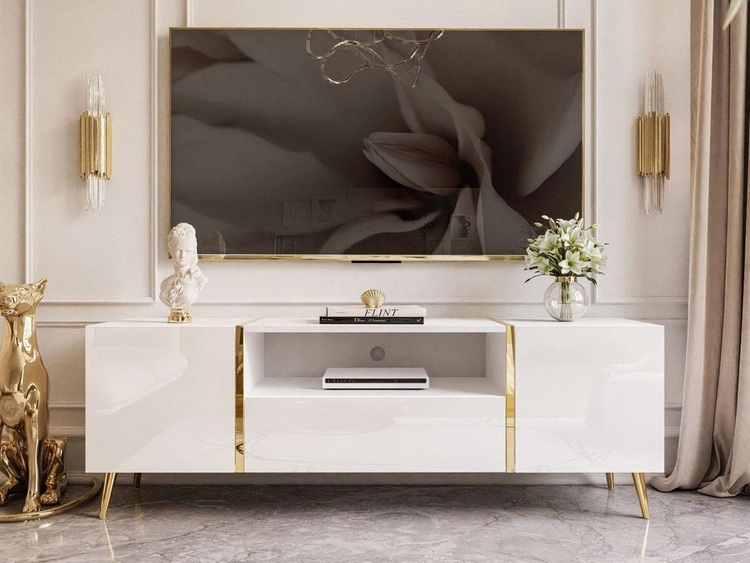Zestaw mebli do salonu na złotych metalowych nóżkach w stylu glamour Lunelie Biały połysk