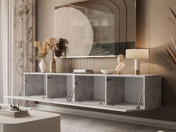 Wisząca szafka RTV pod telewizor z drzwiczkami i oświetlewniem LED 200 cm Nodoo Beton