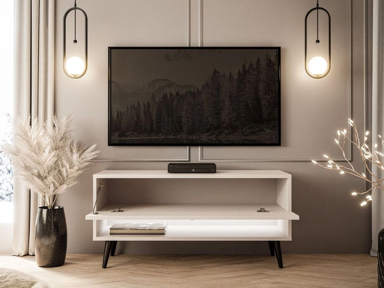 Szafka RTV 90 cm do salonu z oświetleniem LED i czarnymi nóżkami Aurelie Kaszmir połysk