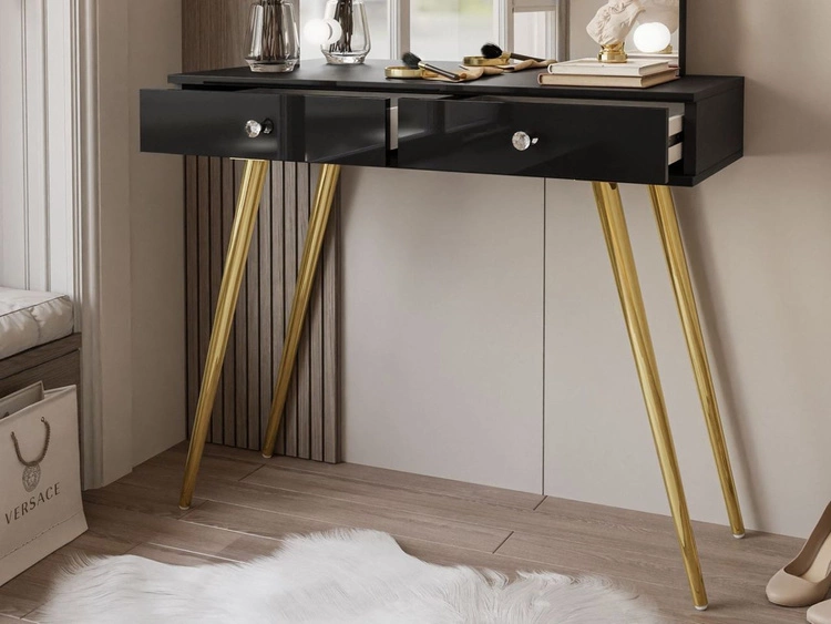 Toaletka kosmetyczna w stylu glamour z szufladami z kryształowymi uchwytami i oświetleniem LED Olivine Elite czarny połysk