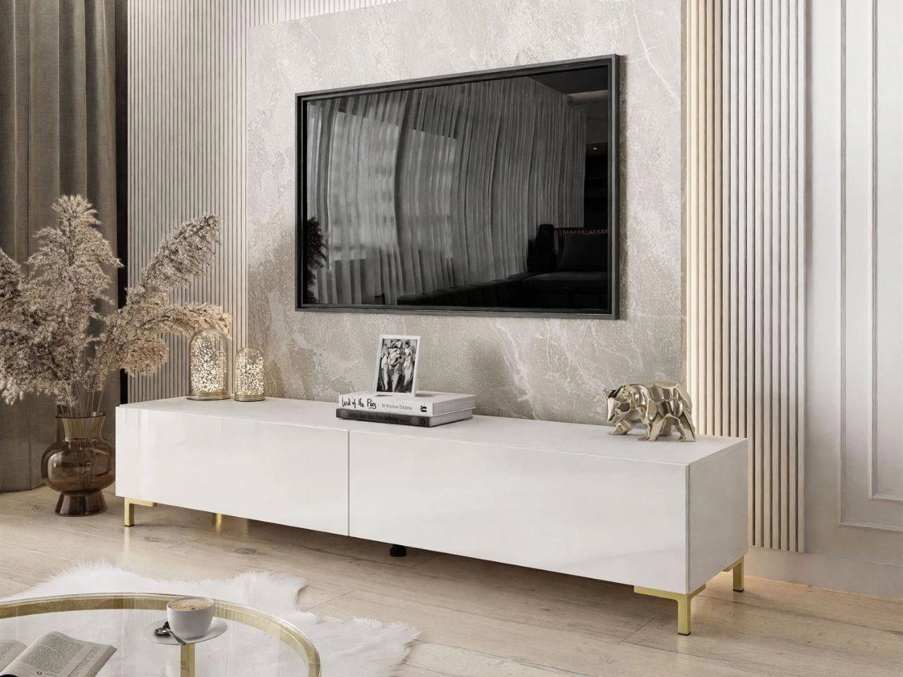 Szafka RTV dwudrzwiowa na złotych nóżkach 175 cm z oświetleniem LED Sorelle Biały połysk