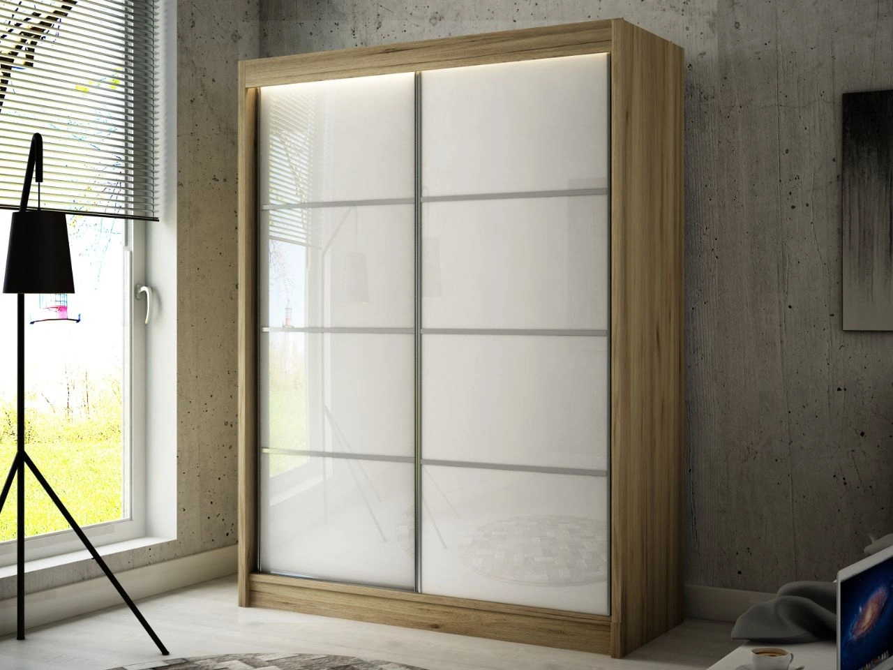 Szafa przesuwna ze szprosami 150 cm z oświetleniem LED Ponti Dąb Craft Złoty, Biała