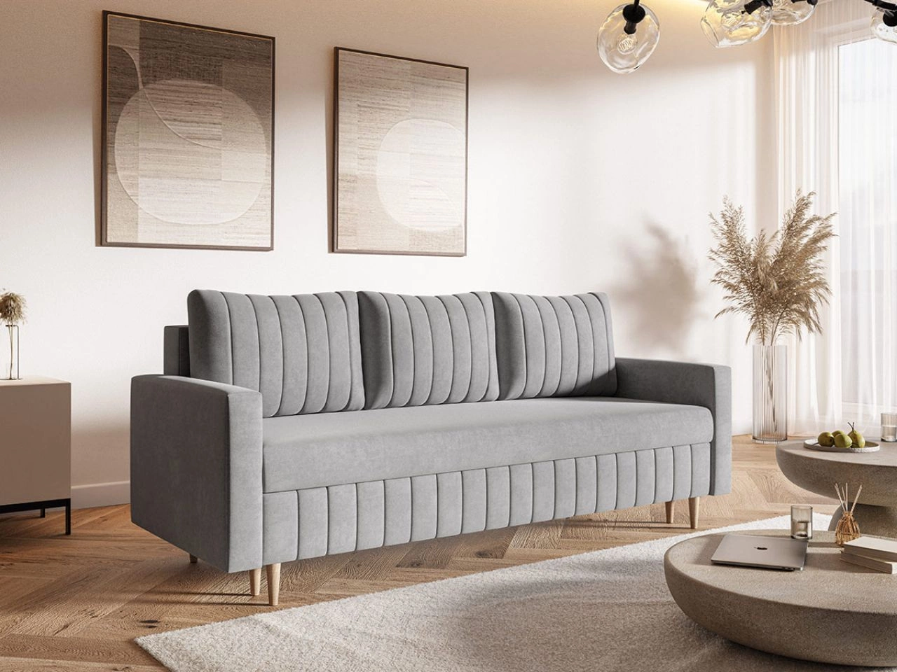 Kanapa z funkcją spania i pojemnikiem na pościel Castelo szara