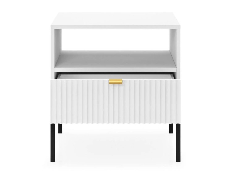 Stolik nocny z szufladą Amber biały na czarnych nogach