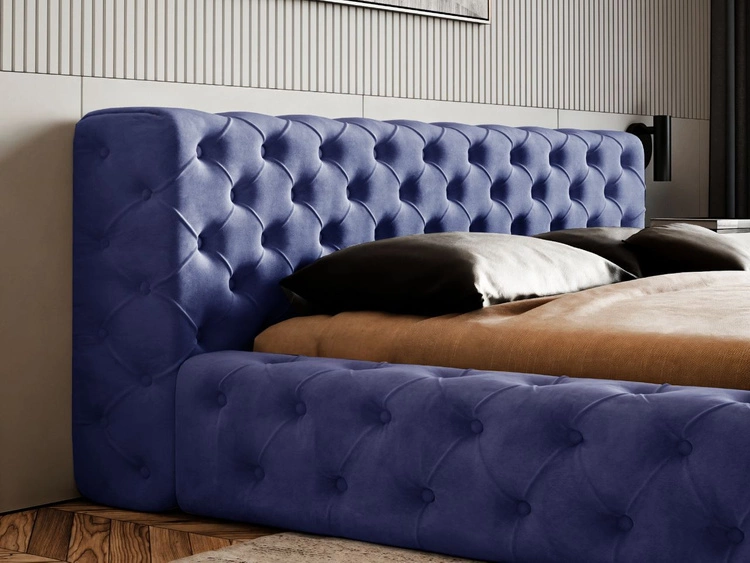 Łóżko tapicerowane z pojemnikiem i stelażem 140x200 cm Palini Ciemnoniebieskie