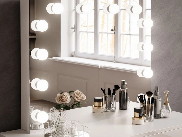 Toaletka glamour z szufladami, lustrem i oświetleniem LED Brisa biały połysk