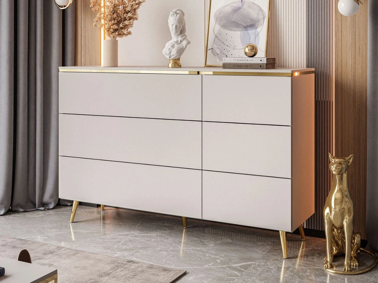 Komoda glamour z sześcioma szufladami na złotych nogach Evare Kaszmir