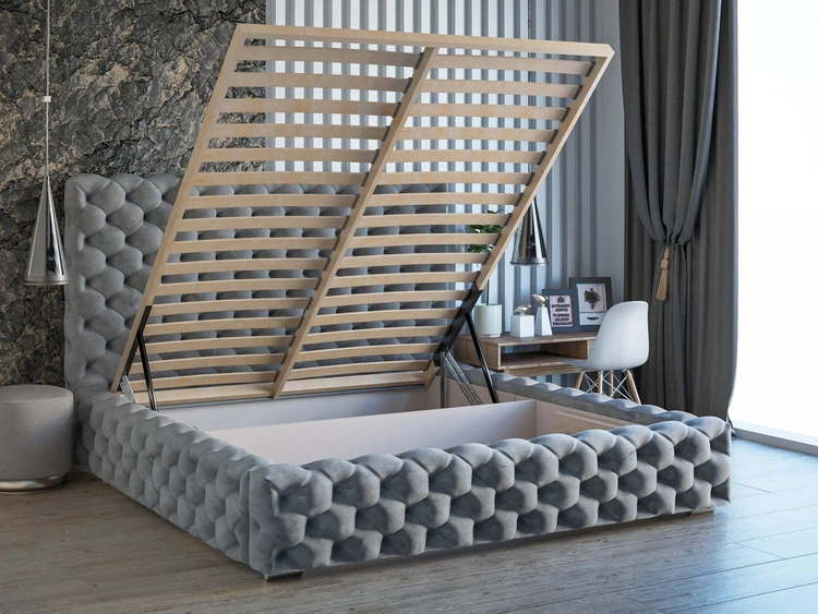 Łóżko tapicerowane z pojemnikiem i stelażem 200x200 Heaven Jasny szary