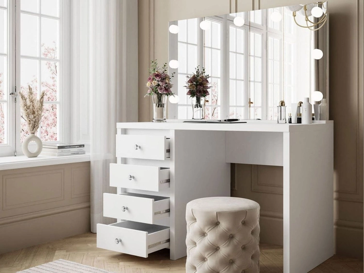 Toaletka z szufladami, kryształowymi uchwytami i oświetleniem LED Nesso biały mat