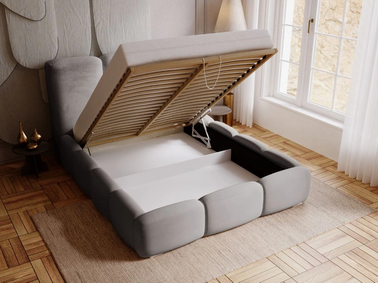 Łóżko tapicerowane z pojemnikiem i stelażem 180x200 cm Bubble Szare