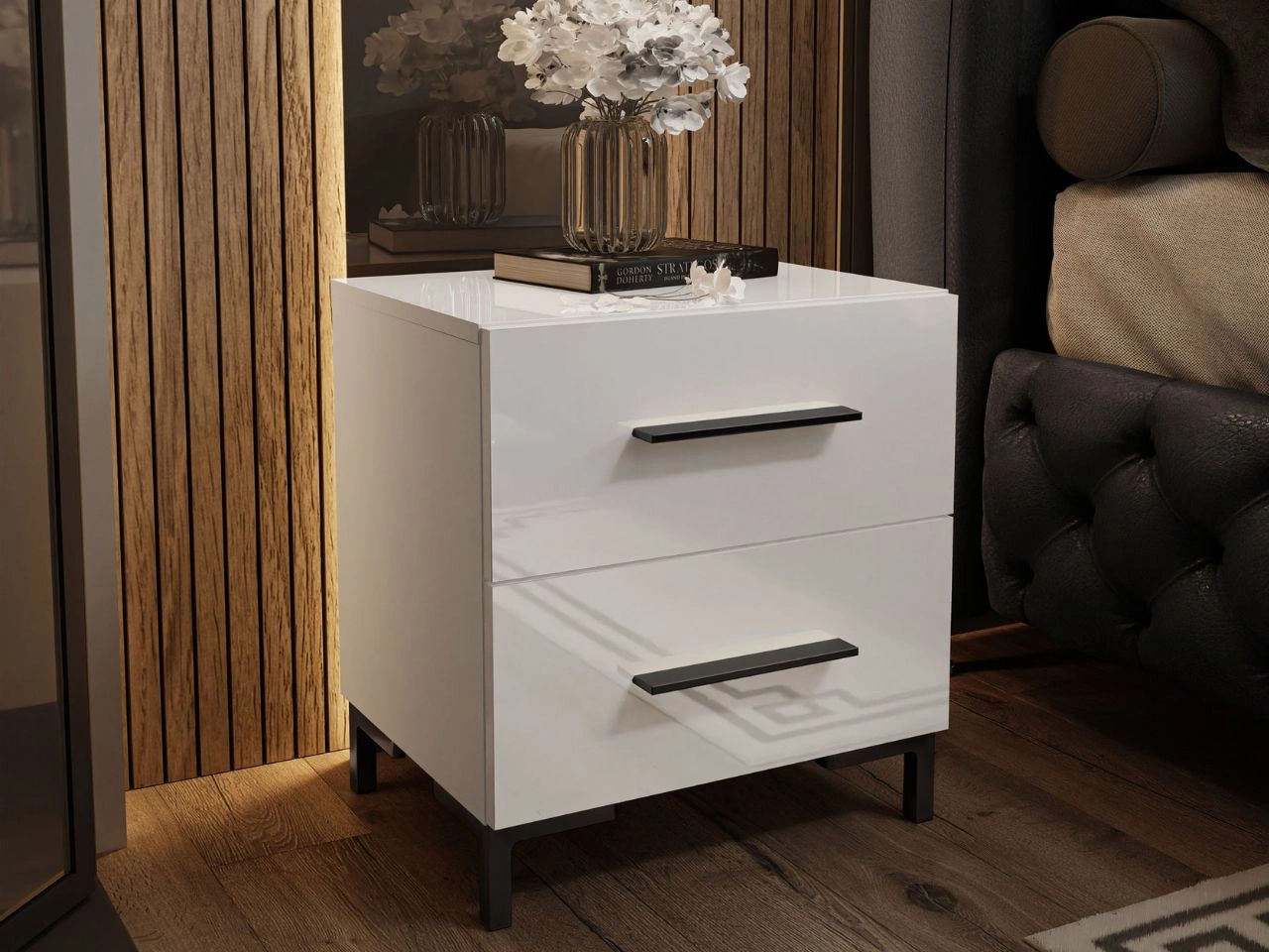Stolik nocny z dwoma szufladami na czarnych nogach Nuveo Lux Biały Połysk