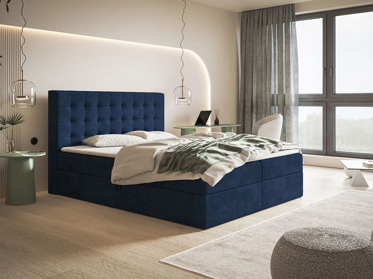 Łóżko kontynentalne z pojemnikiem na pościel 120x200 Denza Ciemnoniebieskie