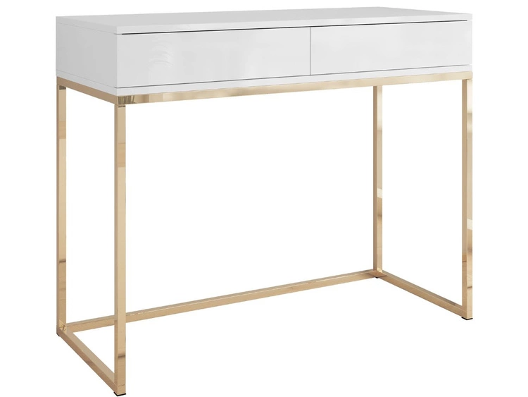 Konsola z szufladami i złotym stelażem w stylu glamour Brisa biały połysk