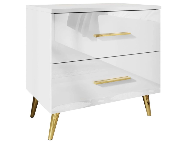 Stolik nocny z szufladami na złotych nogach Nuveo Biały połysk