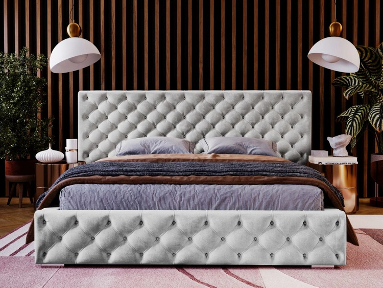 Łóżko tapicerowane z pojemnikiem i stelażem 140x200 cm Madera Jasnoszare