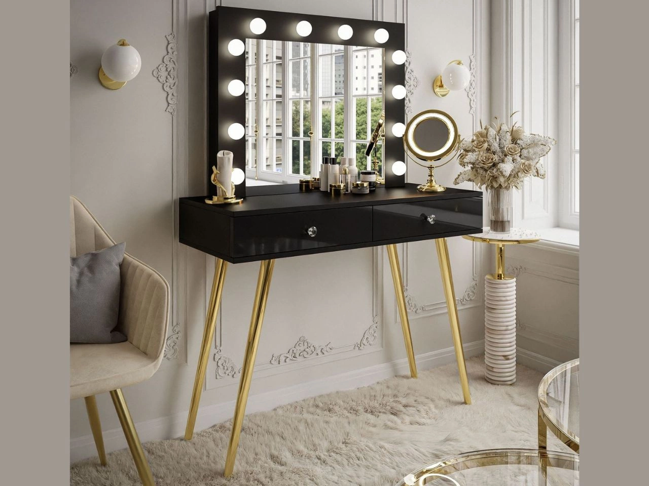 Toaletka kosmetyczna glamour z szufladami, lustrem i oświetleniem LED Olivine czarny połysk
