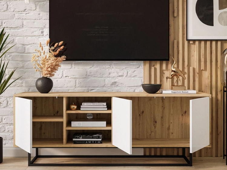 Szafka RTV pod telewizor z drzwiczkami i czarnym stelażem Vivance Biały i dąb artisan