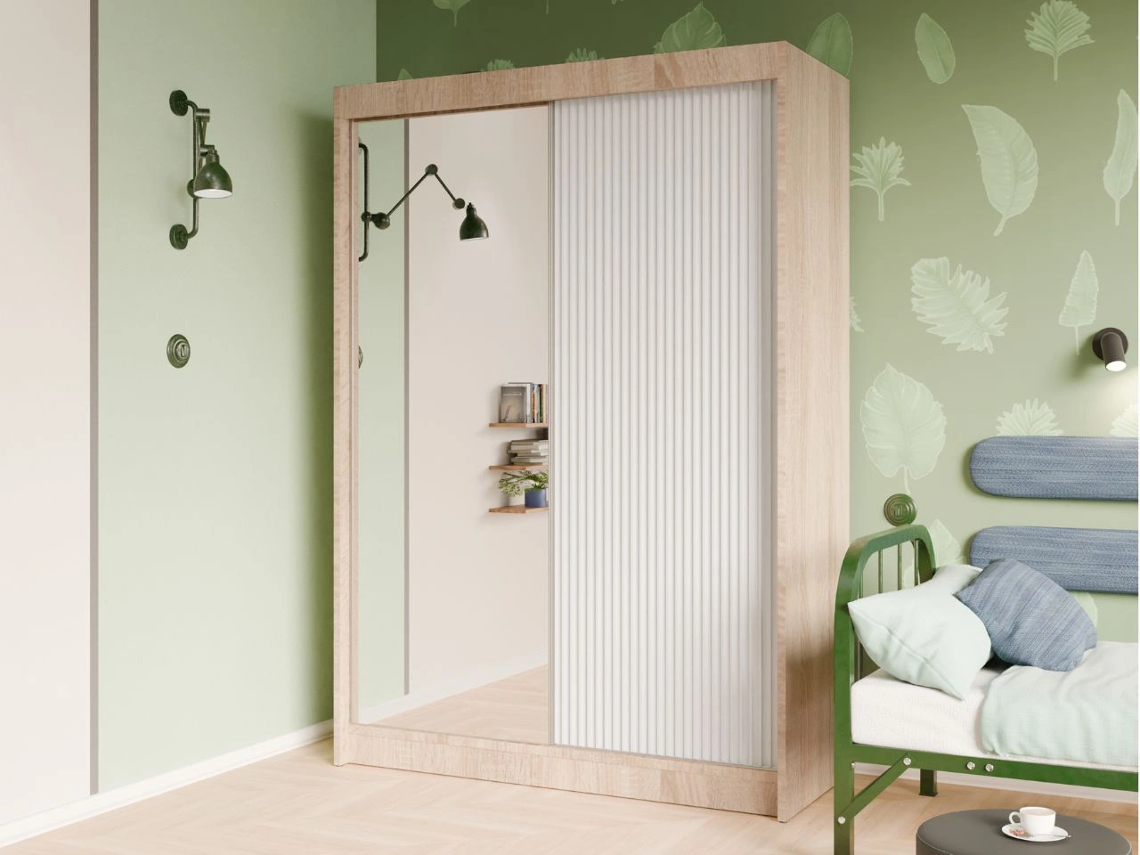 Szafa przesuwna z ryflowanym frontem i lustrem 150 cm Fano Dąb Sonoma, Biała