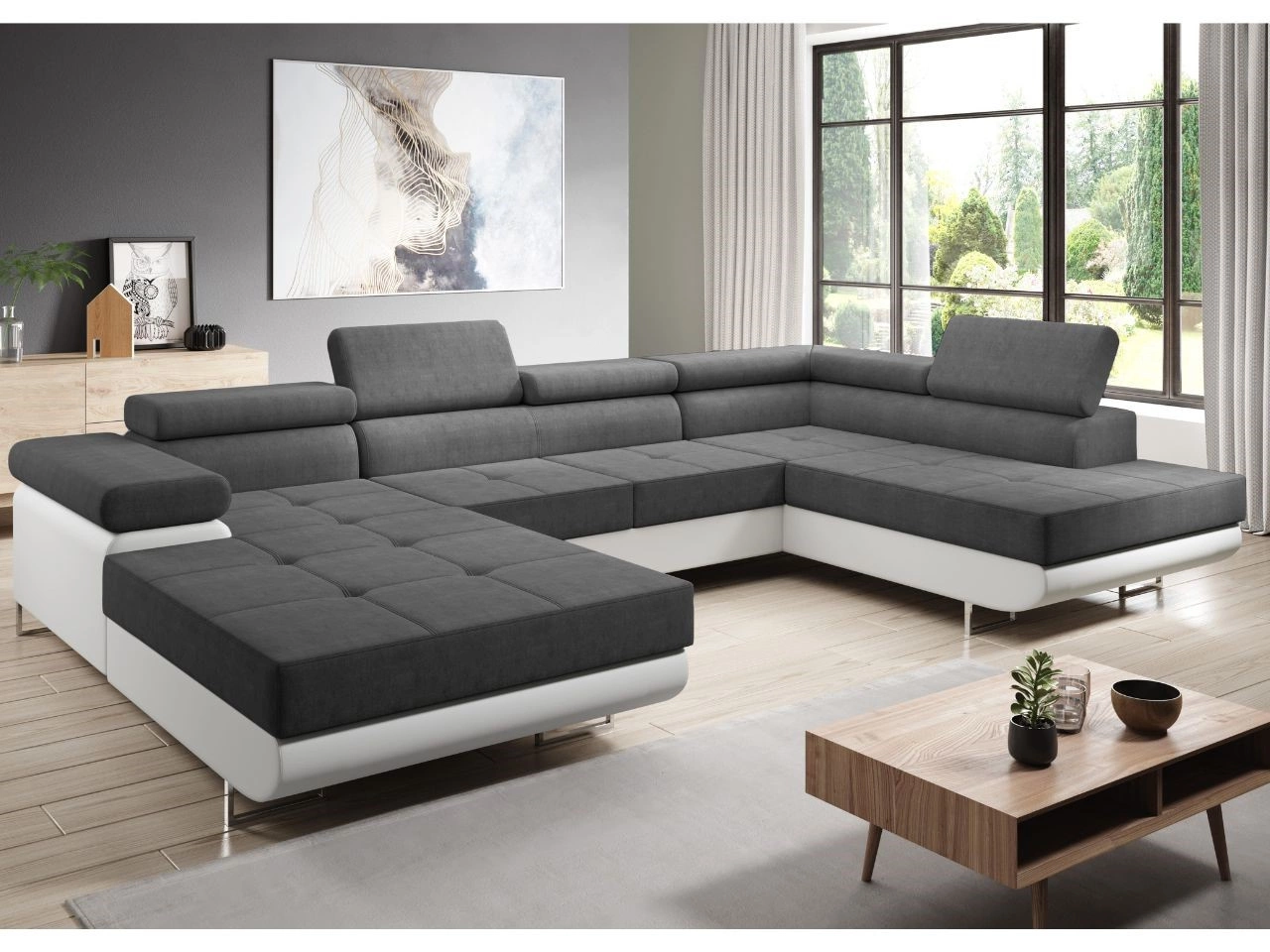 Narożnik U prawy z funkcją spania i pojemnikiem Solam U Grafit, Biały