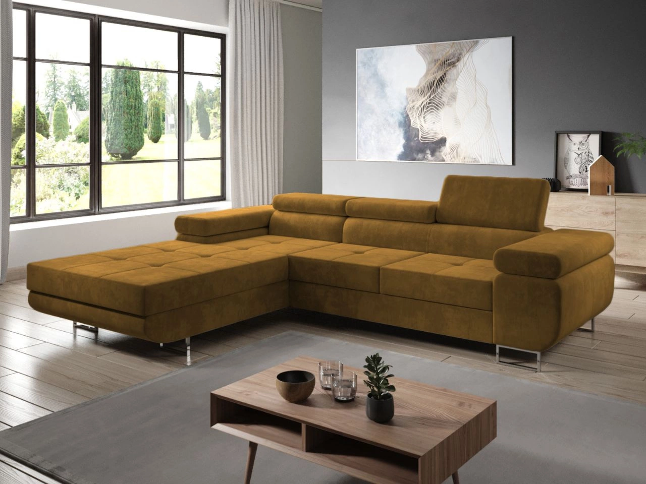 Narożnik L lewy z funkcją spania i pojemnikiem Solam Żółty