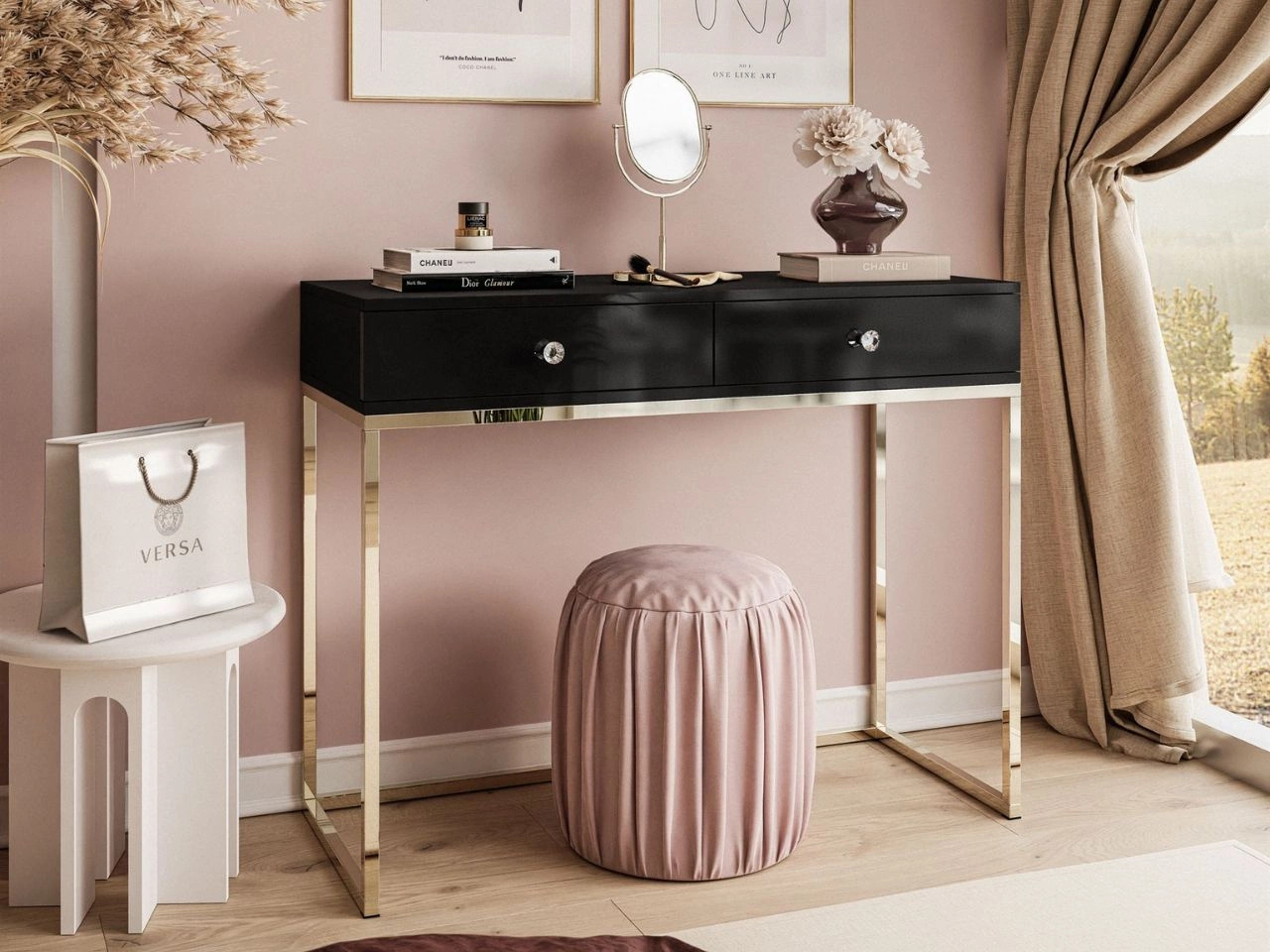 Konsola z szufladami, złotym stelażem i kryształowymi uchwytami Brisa czarny połysk