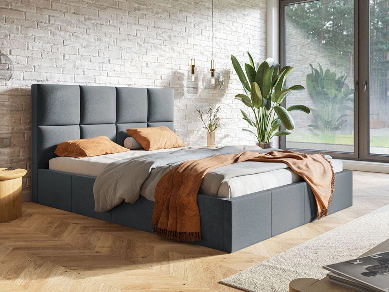 Łóżko tapicerowane z pojemnikiem i stelażem 140x200 Malo ciemnoszare