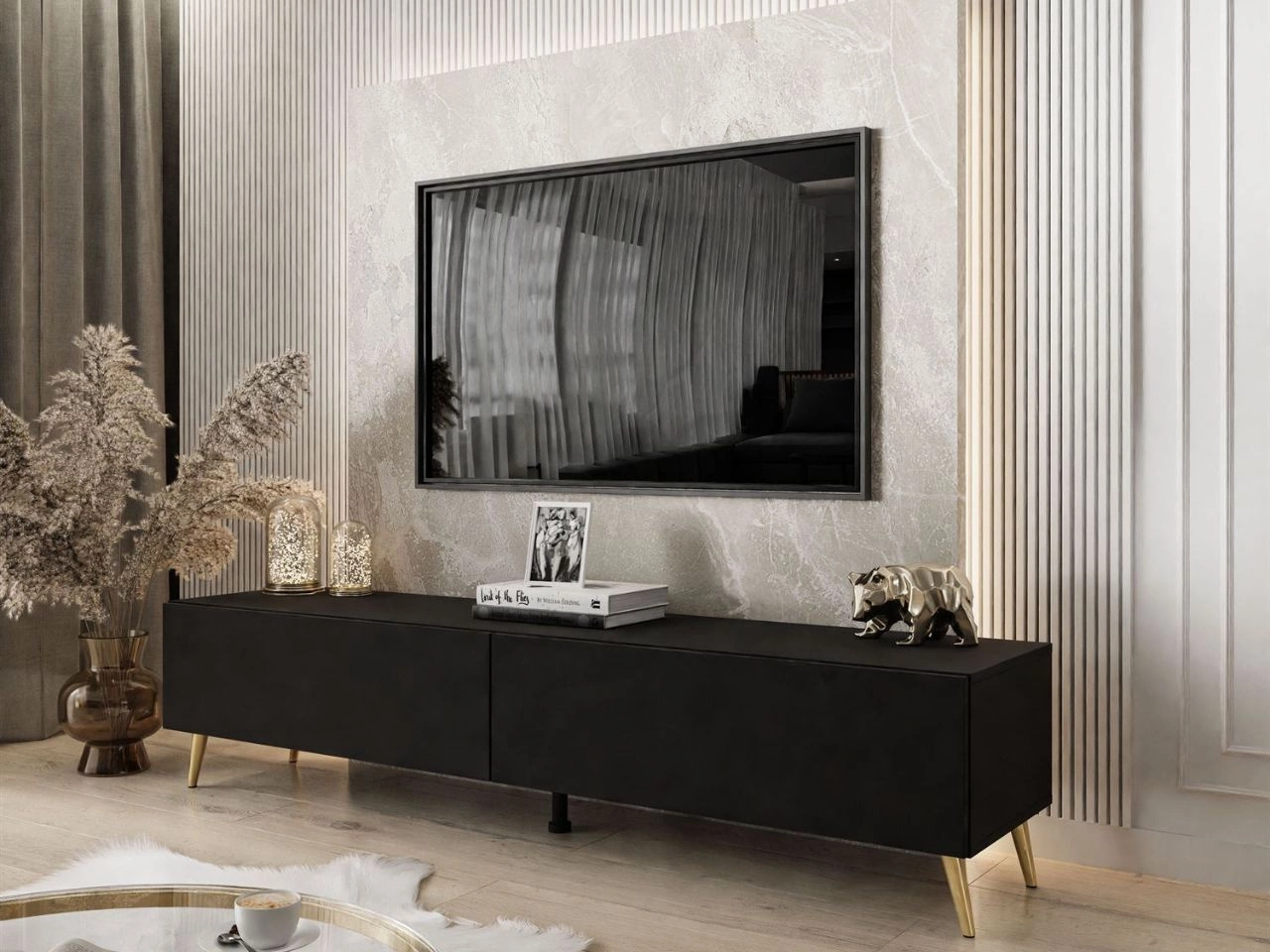 Szafka RTV dwudrzwiowa na złotych nóżkach 175 cm z oświetleniem LED Sorelle Czarny mat