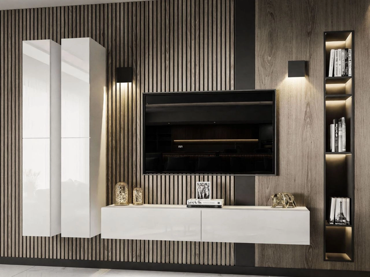 Meblościanka wisząca z oświetleniem LED do salonu Sorelle Biały połysk