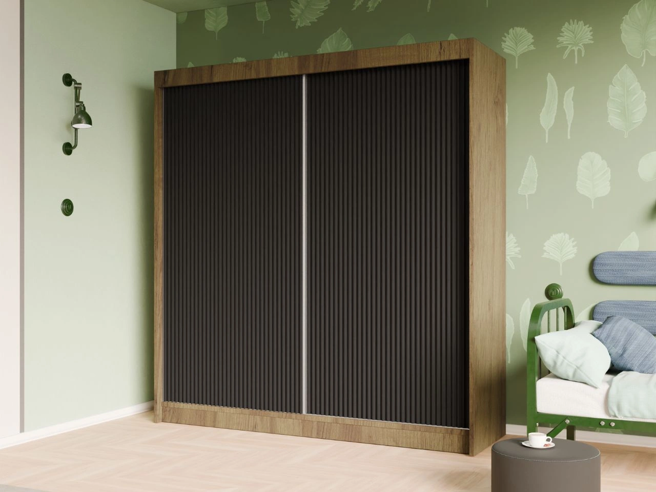 Szafa przesuwna z ryflowanym frontem 200 cm Fano Dąb Craft Złoty, Czarna