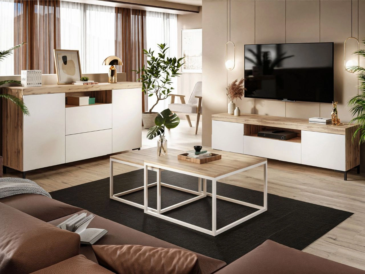 Zestaw mebli do salonu w loftowym stylu Asumi Biały i dąb wotan