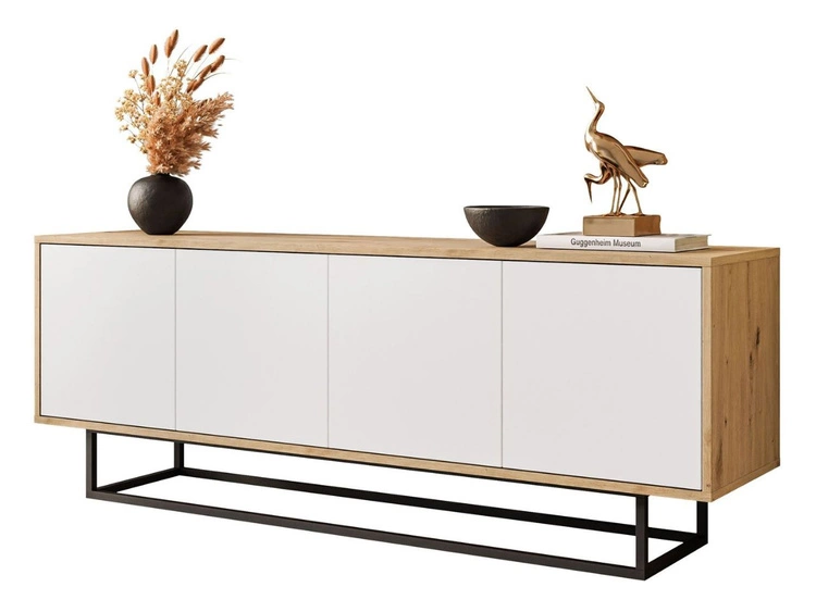 Szafka RTV pod telewizor z drzwiczkami i czarnym stelażem Vivance Biały i dąb artisan