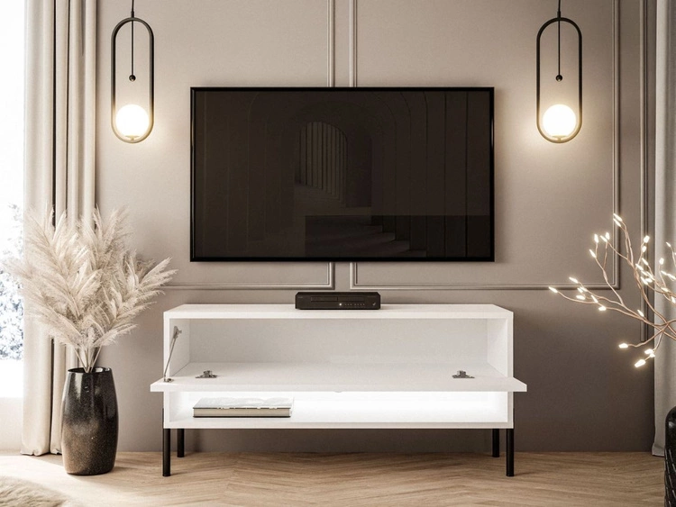 Szafka RTV 90 cm z oświetleniem LED i czarnymi metalowymi nóżkami Aurelie Biały połysk