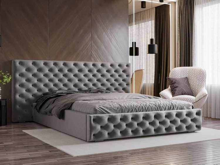 Łóżko chesterfield z szerokim zagłowiem 140x200 Madera Szary