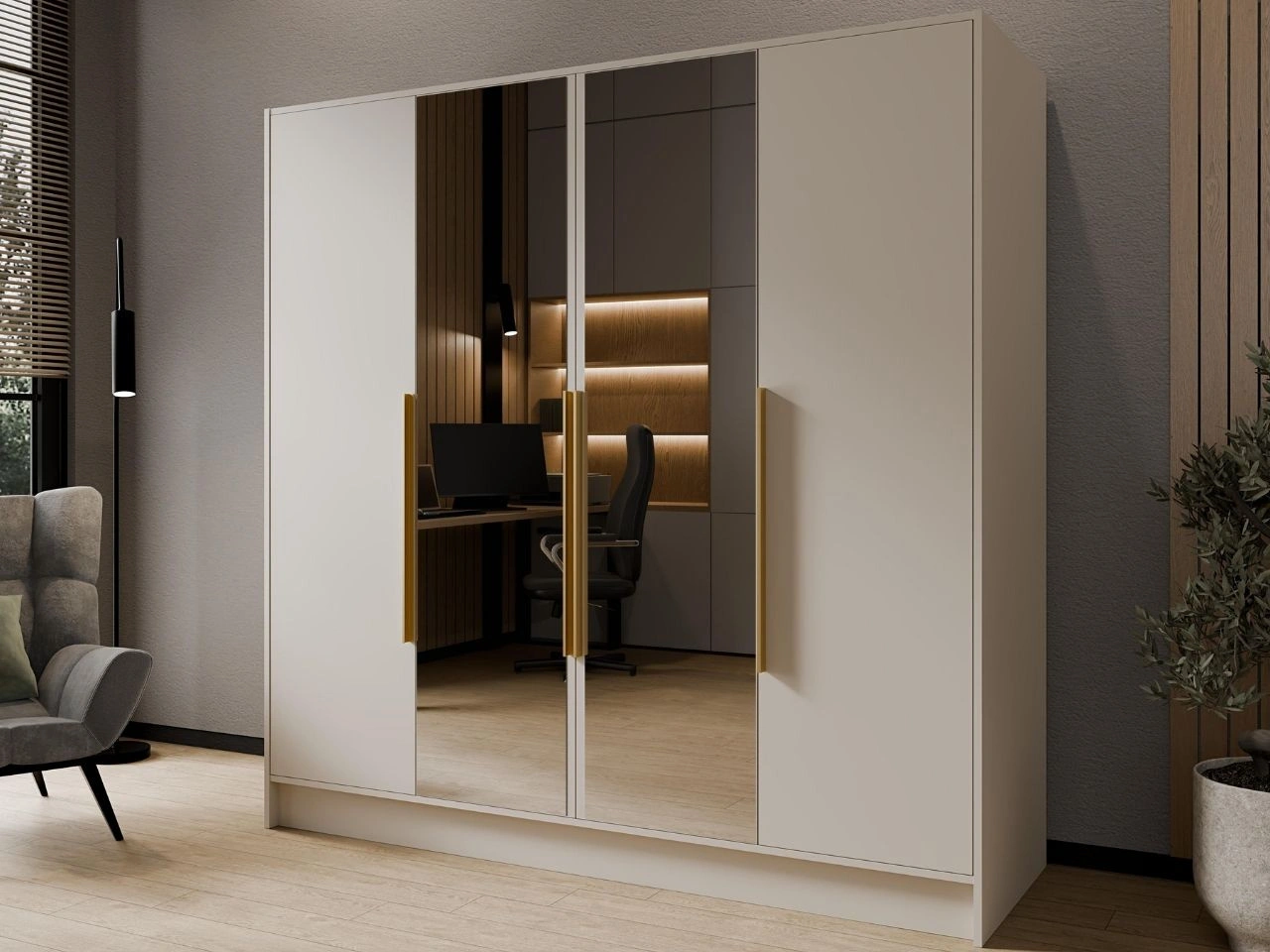 Szafa otwierana z lustrem 200 cm Lucca Kaszmir z złotymi uchwytami