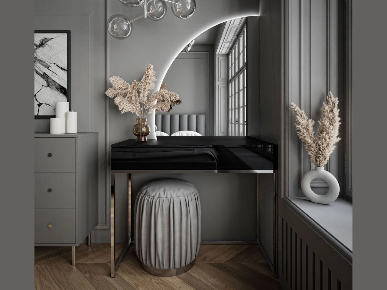 Toaletka kosmetyczna lewostronna z szufladami i oświetleniem LED na srebrnych nogach Clarette Czarny połysk