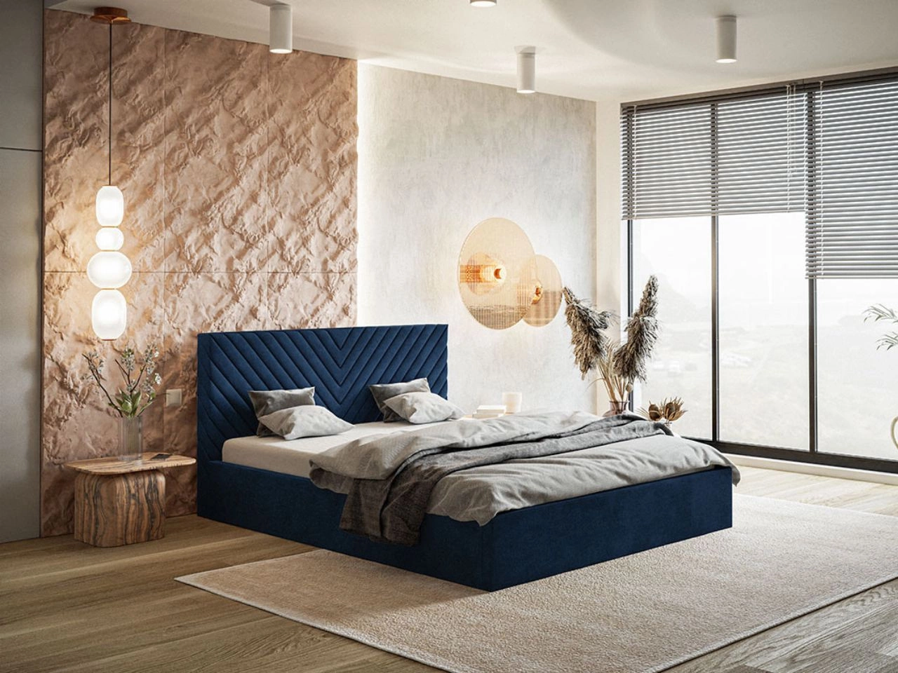 Łóżko tapicerowane z pojemnikiem i stelażem 140x200 Esma Ciemnoniebieske